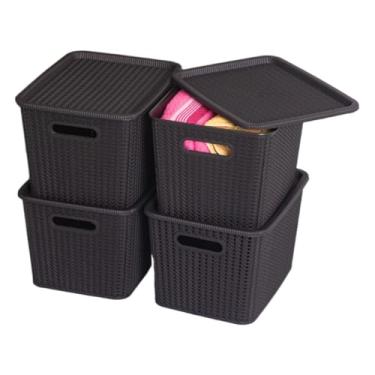 Imagem de Cesto Organizador com Tampa Caixa Organizadora de Plástico Multiuso Cesta Organizadora para Armazenamento Caixas Organizadoras(Preto)