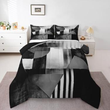 Imagem de Feelyou Conjunto de cama queen geométrico, geométrico, preto e cinza, arte moderna, para decoração de quarto de crianças, adolescentes, 3 peças