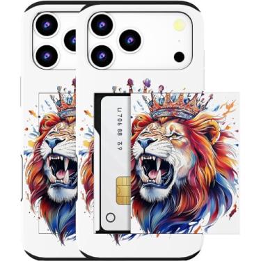 Imagem de MUQR Capa compatível com Phone 17 Pro com porta-cartão fofo - Design Kawaii Proteção contra quedas de grau militar Capa carteira robusta para mulheres (Leão branco rugindo)