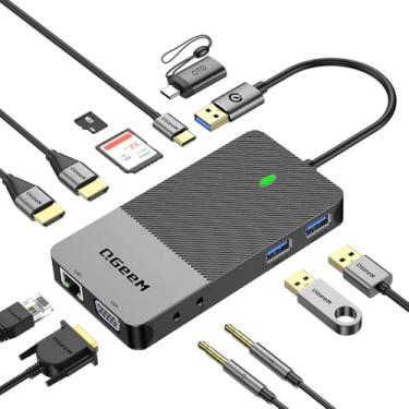 Imagem de QGeeM Docking station USB 3.0, monitor duplo com cubo USB de tela tripla, dock station para laptop USB C compatível com MacBook M1 Dell HP Lenovo (2HDMI VGA SD TF Leitor de cartão Ethernet Áudio 2USB 3.0)