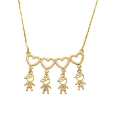 Imagem de Colar 4 Filhos Com Pingente 4 Meninos Banhado A Ouro Corrente Com Ajuste No Comprimento Antialergico Semijoia