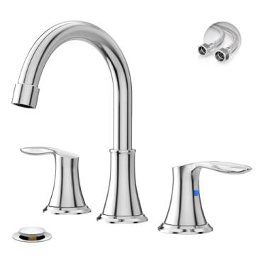 Imagem de Phiestina Torneira de banheiro com 3 furos cromada de 20 cm, torneira de pia de banheiro de aço inoxidável com dreno pop-up de metal e linhas de abastecimento de água, WFTY36-C