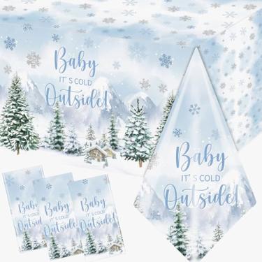 Imagem de Dydamud Baby It's Cold Outside Decorações de chá de bebê, 3 peças de toalha de mesa retangular azul floresta de inverno para decoração de festa de chá de bebê para meninos