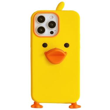 Imagem de YAKVOOK Capa de silicone 3D engraçada para iPhone 15 Pro Max, capa de telefone kawaii de pato amarelo com desenho fofo para mulheres e meninas capa de borracha macia para iPhone 15 Pro Max