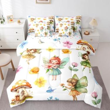 Imagem de Jogo de cama solteiro com estampa de fada sonhadora, 7 peças, estampa kawaii, flores de jardim, borboletas, cogumelos, aquarela, estética, quarto de meninas