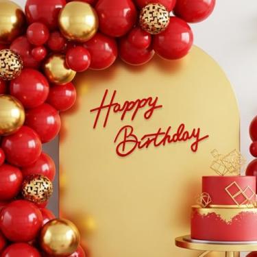 Imagem de TONIFUL Placa de feliz aniversário para pano de fundo - faixa de feltro vermelha - inclui cola de bolinhas - perfeita para pano de fundo de festa de aniversário, decoração de parede, arco de balão