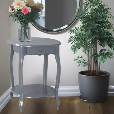 Imagem de Mesa De Apoio Oval Clássica Decorativa De Madeira Com Pés Luiz Xv - Cinza Laca