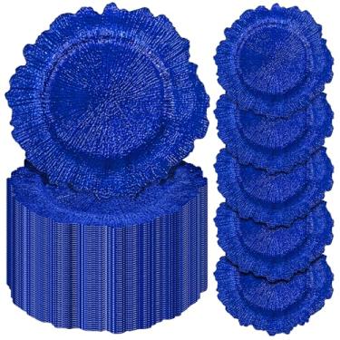 Imagem de Pesonlook 50 peças de pratos de carregador azul royal redondos de 33 cm, carregadores de placa de recife para jantar, pratos de plástico florais para mesa de jantar, festa de casamento, eventos