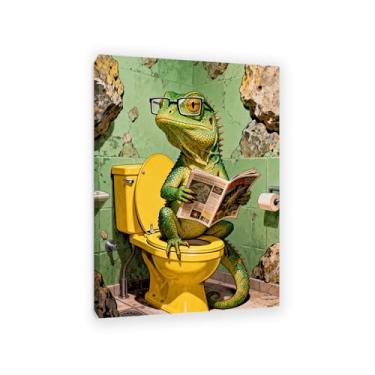 Imagem de SDYJ6GSW Quadro de banheiro decoração de parede lagarto espelhado no vaso sanitário imagens decoração de casa para banheiro banheiro engraçado animal arte de parede 70 x 50 cm (71.1x50.8 cm) moldura