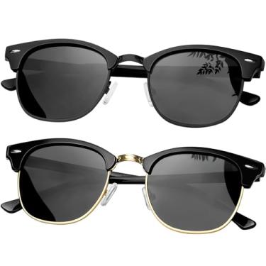 Imagem de KANASTAL 2 Peças Óculos de Sol Feminino Masculino Polarizado Escuro Proteção UV400 Preto Oculos Meia Armação Clássico Retro Elegante Vintage Sunglasses para Pesca Viagens -Pretos + Preto Dourado