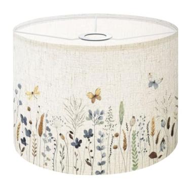 Imagem de Abajur de tambor Boho – 28 x 28 x 22,6 cm, flores silvestres, plantas, borboletas, libélulas, floral, sem costura, aquarela, substituto, abajures de linho natural para candeeiros de mesa, luminárias