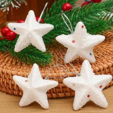 Imagem de 6 unidades/conjunto de pingentes pendurados em estrela branca para decoração festiva de Natal, árvore de Natal, bola de neve, enfeites de gota, pentagrama de espuma para casa