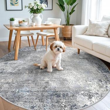 Imagem de Tapete redondo lavável de 1,8 m para sala de estar: Tapete circular moderno antiderrapante para mesa de cozinha, sala de jantar - Tapete circular macio neutro abstrato de pilha baixa (cinza azul, 15 x