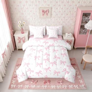 Imagem de Erosebridal Conjunto de cama queen com laço fofo e laço kawaii, rosa, para crianças, meninas, mulheres, princesa, sonhadora, conjunto de cama com laço em uma bolsa, conjunto de cama com nó de