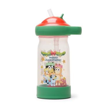 Imagem de The First Years Garrafa de água infantil Sip & See Holiday Bluey - Inclui pingente flutuante - copo infantil à prova de derramamento com canudo - Pode ser lavado na lava-louças com tampa de canudo