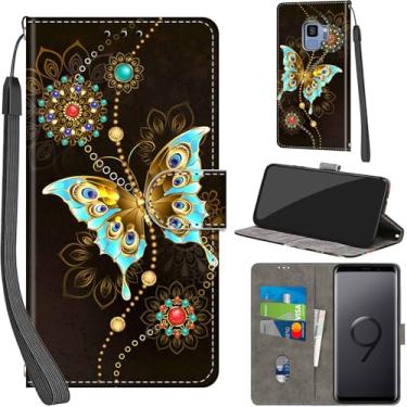 Imagem de Salanheo Capa carteira para Samsung Galaxy S9, com [3 compartimentos para cartões], fecho magnético com suporte, capa protetora flip de couro PU à prova de choque 14,7 cm, borboleta verde