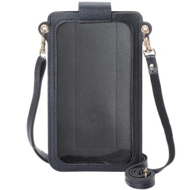 Imagem de Bolsa tiracolo preta pequena para mulheres com tela sensível ao toque, bolsa carteira de couro para celular, mini bolsa com compartimento para cartão de crédito, alça de ombro ajustável, retengle para