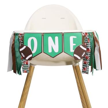 Imagem de Banner de cadeira alta de futebol - decoração de plumas de primeiro ano, guirlanda de festa de primeiro aniversário de futebol, banner de festa com tema esportivo, verde branco marrom rugby cadeira