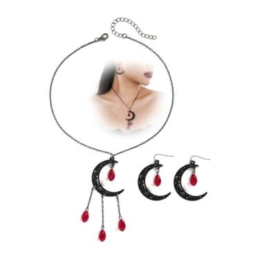 Imagem de Colar gótico de lua negra de Halloween para mulheres, gótico, crescente, em camadas, gargantilha, colares, vintage, cristal, azul, vermelho, sangue, brincos pendurados, conjunto de roupas, acessórios