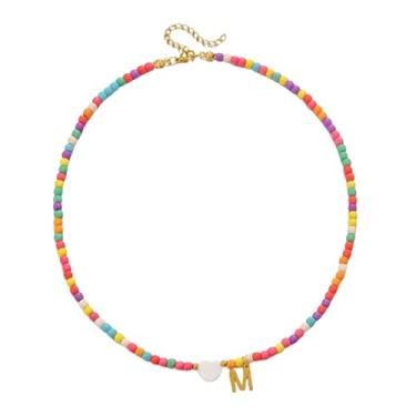 Imagem de Gargantilha feminina com contas de ouro 18 quilates - pingente de letra colorida de aço inoxidável impermeável - joia com pingente de alfabeto personalizado - Presente personalizado delicado para