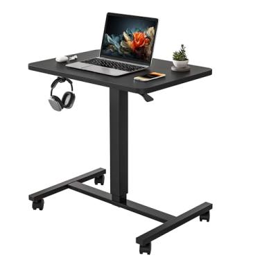 Imagem de YIHAYO Mesa móvel pequena de pé, 61 x 40,6 cm, altura ajustável, portátil, com rodas bloqueáveis, estação de trabalho de computador para escritório em casa com gancho, preta