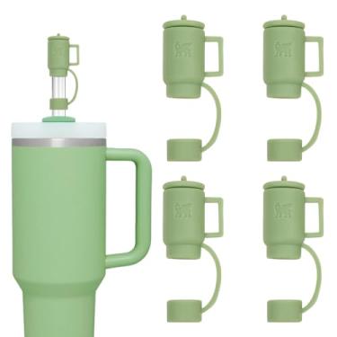 Imagem de Cobertura de palha de silicone de 10 mm de 0,4 polegadas para copo Stanley com alça tampas de palha de forma fofa reutilizáveis compatíveis com canudos de copo de 850 a 1,134 g, 4 peças (verde vidro)