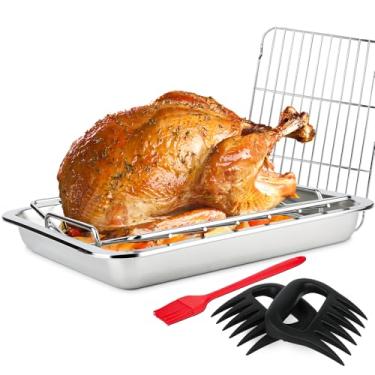 Imagem de Assadeira de aço inoxidável com 2 prateleiras – Assadeira de peru com capacidade de 9 kg, assadeira profunda, pode ser lavada na lava-louças para presunto de férias, costela prima, presente de Páscoa