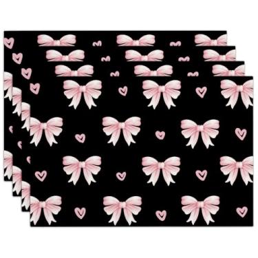 Imagem de Conjunto de 4 jogos americanos com laço preto e rosa, 30,5 x 45,7 cm, duráveis, à prova d'água, tapetes de mesa de pano, com laço fofo, lavável, para decoração ao ar livre, casa, festa, cozinha