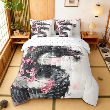 Imagem de Feelyou Conjunto de edredom Queen com dragão preto, 7 peças, flores de cerejeira, japonês, japonês, em uma bolsa com edredom, lençóis, fronhas, fronhas acolchoadas e leves