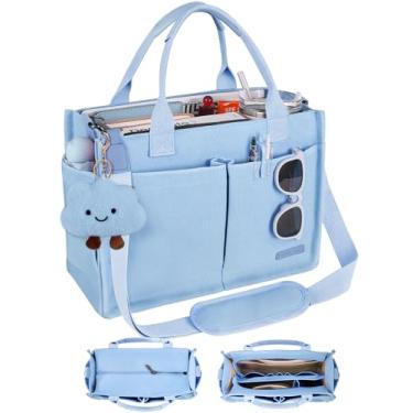 Imagem de BESBESME Bolsa de lona feminina com zíper e compartimentos – Bolsa tiracolo grande para laptop para trabalho e faculdade, Azul claro, X-Large