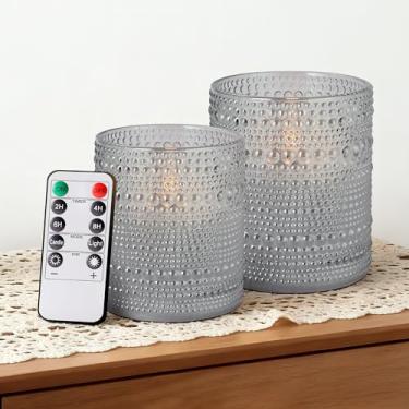 Imagem de Velsyn Velas de vidro pontilhado sem chama com temporizador remoto, velas de pilar de LED de cera real operadas por bateria com chama cintilante 3D para decoração de festa de casamento, festa, 7,6 x