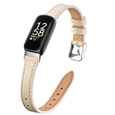 Imagem de Pulseira fina de couro legítimo compatível com Fitbit Inspire 2 1 feminina, pulseira fina de couro genuíno de grão superior para (bege/prata, para Fitbit Inspire 2/1)