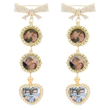 Imagem de DELORIGIN Berloques para fotos de buquê de casamento, 2 peças, berloques dourados de flor na lapela com etiquetas, laço de coração, joias de noiva, porta-retrato de vidro faça você mesmo, para