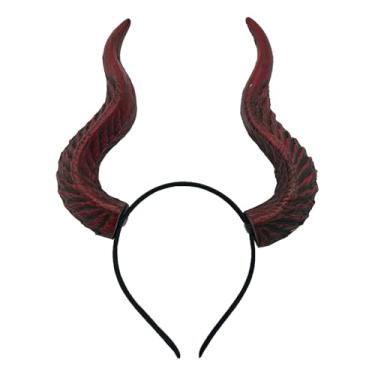 Imagem de mdgfge Chifres de diabo faixa de cabelo vermelho gótico grande chifre de ovelha demônio cosplay acessórios de cabelo para mulheres, baile de máscaras de Halloween, artigos de fantasia
