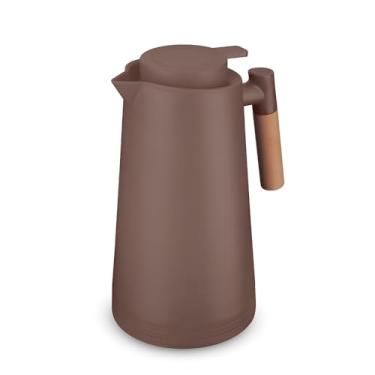 Imagem de Garrafa Térmica Bule 1L com Ampola de Vidro, Parede Dupla, Alça de Madeira Marrom, Tampa Rosqueável e Bico Corta-Pingo – Conserva Quente 8h