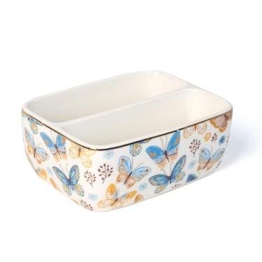 Imagem de HOMSUN Suporte de esponja de cerâmica com 2 compartimentos para pia de cozinha, lindo suporte de esponjas de bancada com estampa floral, organizador de pia de sabonete, casa de fazenda, decoração de