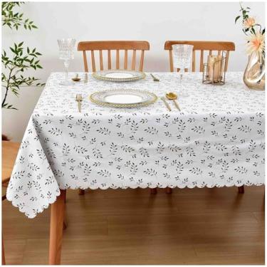 Imagem de Toalha de mesa grande de vinil de folha branca 152 x 232 cm – Capa de mesa de PVC à prova d'água à prova de óleo com bordas recortadas e textura em relevo, toalha de mesa de plástico resistente para