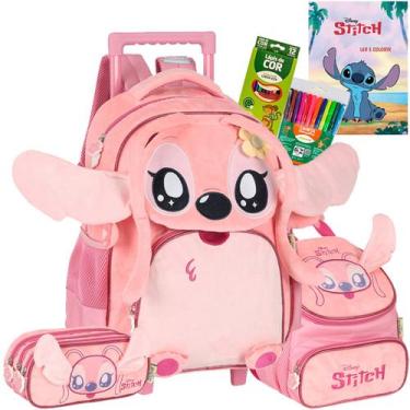Imagem de Kit Mochila Carrinho Stitch Angel Pelucia 3d Infantil Disney - Luxcel