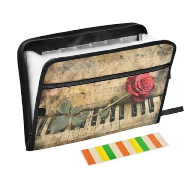 Imagem de Wassud Pasta organizadora de arquivos de papel A4 de rosa e piano, com etiquetas, pasta de arquivos expansível, 13 bolsos