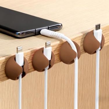 Imagem de Organizador de cabos de 6 peças, organizador de clipes de cabo adesivo de slot único para mesa, casa, escritório, carro, cubículo, mesa de cabeceira, marrom