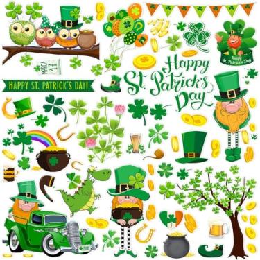 Imagem de Cholemy 108 peças adesivos de gel para janela do dia de São Patrício trevos verdes adesivos de gel espesso removível reutilizável gnomo irlandês trevo janela decalques para vidro casa sala de aula