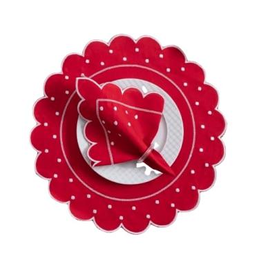 Imagem de Jogo Americano Natalino Vermelho com Bolinhas Brancas Kit Mesa Posta Bordado Poliéster 12 Peças para 6 Lugares 40x40cm