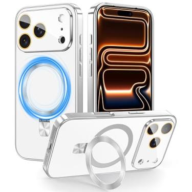 Imagem de TOBOVON Capa magnética para iPhone 17 Pro com suporte de anel, serve para MagSafe, com protetor de lente de câmera integrado, capa fina galvanizada à prova de choque, prata