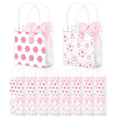 Imagem de JarThenaAMCS 24 peças de sacos de presente de PVC transparente de futebol com rolo de fita rosa bola esportiva doces sacos com alças para festa de aniversário de equipe, suprimentos de festa de chá de