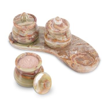 Imagem de Saleiro de mármore com tampa, suporte de sal de pedra ônix verde natural de 8 cm com bandeja conjunto de 3, pote de bancada elegante para temperos, açúcar, temperos, condimentos e mesa de jantar