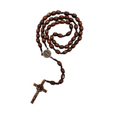 Imagem de Bovemee Rosário de bolso para medalha de São Bento, contas de madeira marrom católica com medalha de san benitol e crucifixo, 23 cm, 9 Inch, Madeira, Sem Pedra Preciosa