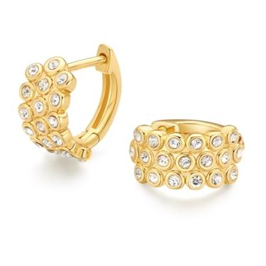 Imagem de FRUMOS Brincos femininos de prata esterlina 925 banhados a ouro 18 quilates com argola hipoalergênica pequena zircônia cúbica, Medium, Metal, Zircônia cúbica