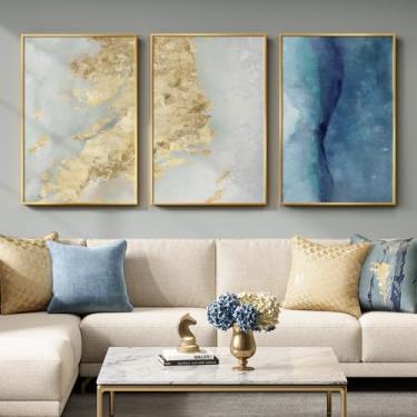 Imagem de Arte de parede abstrata emoldurada grande para sala de estar, 3 peças de tela de luxo azul branco e dourado impressões pinturas para paredes, imagens minimalistas modernas para sala de jantar, quarto