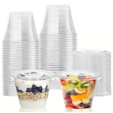 Imagem de yvsay Copos Parfait de plástico de 170 g com tampas planas, 105 peças de copos de sobremesa descartáveis para frutas, sorvete, iogurte, doces, salada