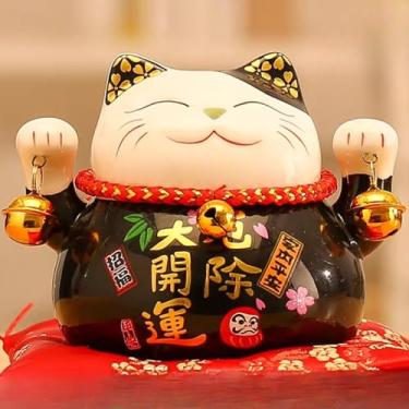 Imagem de FENNYYAR Maneki Neko de cerâmica preta feita à mão, 12 cm, presente de decoração de casa para abertura de loja